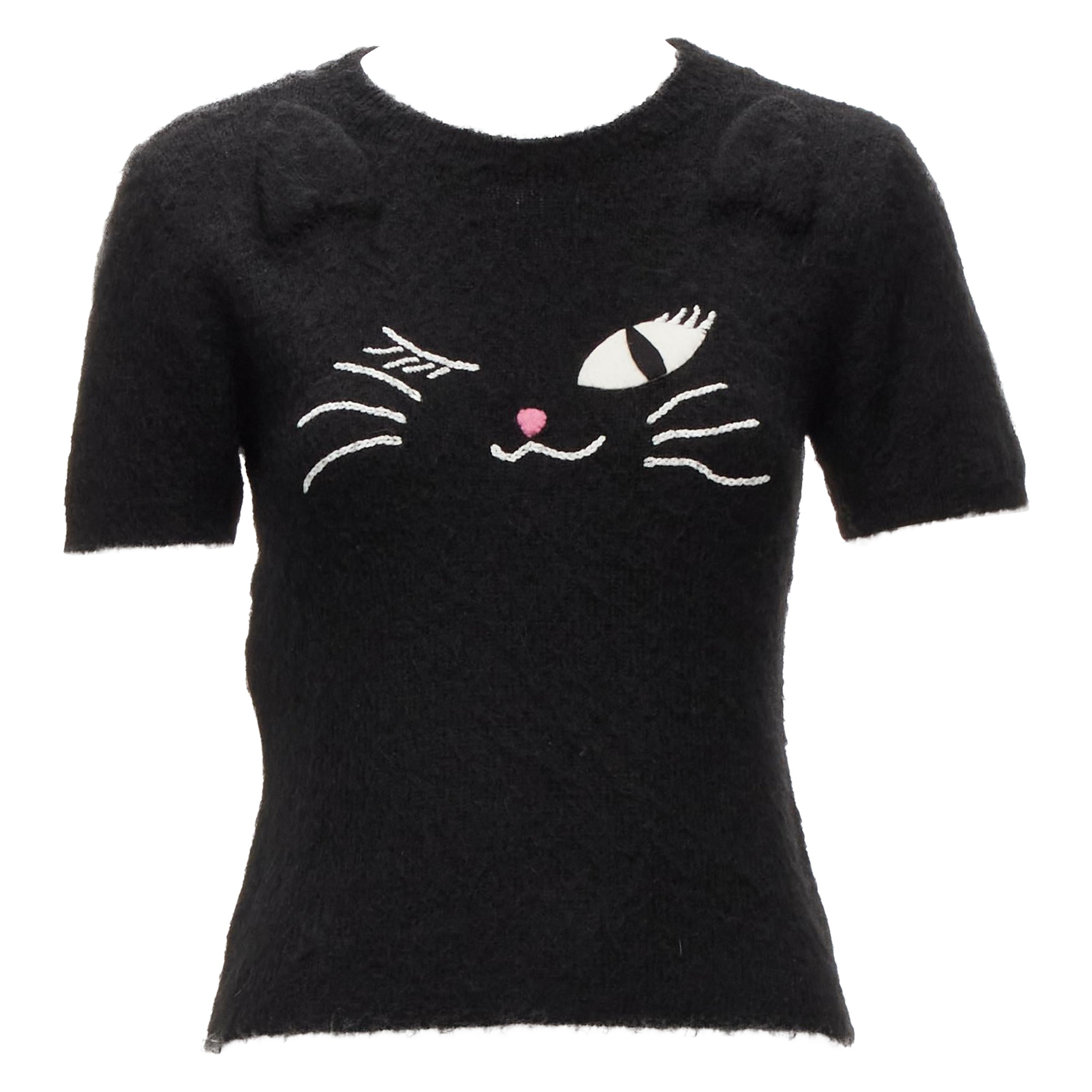 raro MOSCHINO BOUTIQUE nero gatto ammiccante 3D orecchie di pelliccia maglione cropped IT42 M.