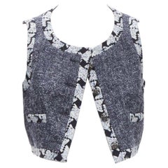 CHANEL wool cashmere blue tweed embroidery trim gripoix button cropped vest FR34