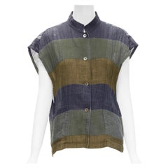 Issey Miyake Gilet patchwork vintage anni '70 100% lino blu verde a quadri JP9 S