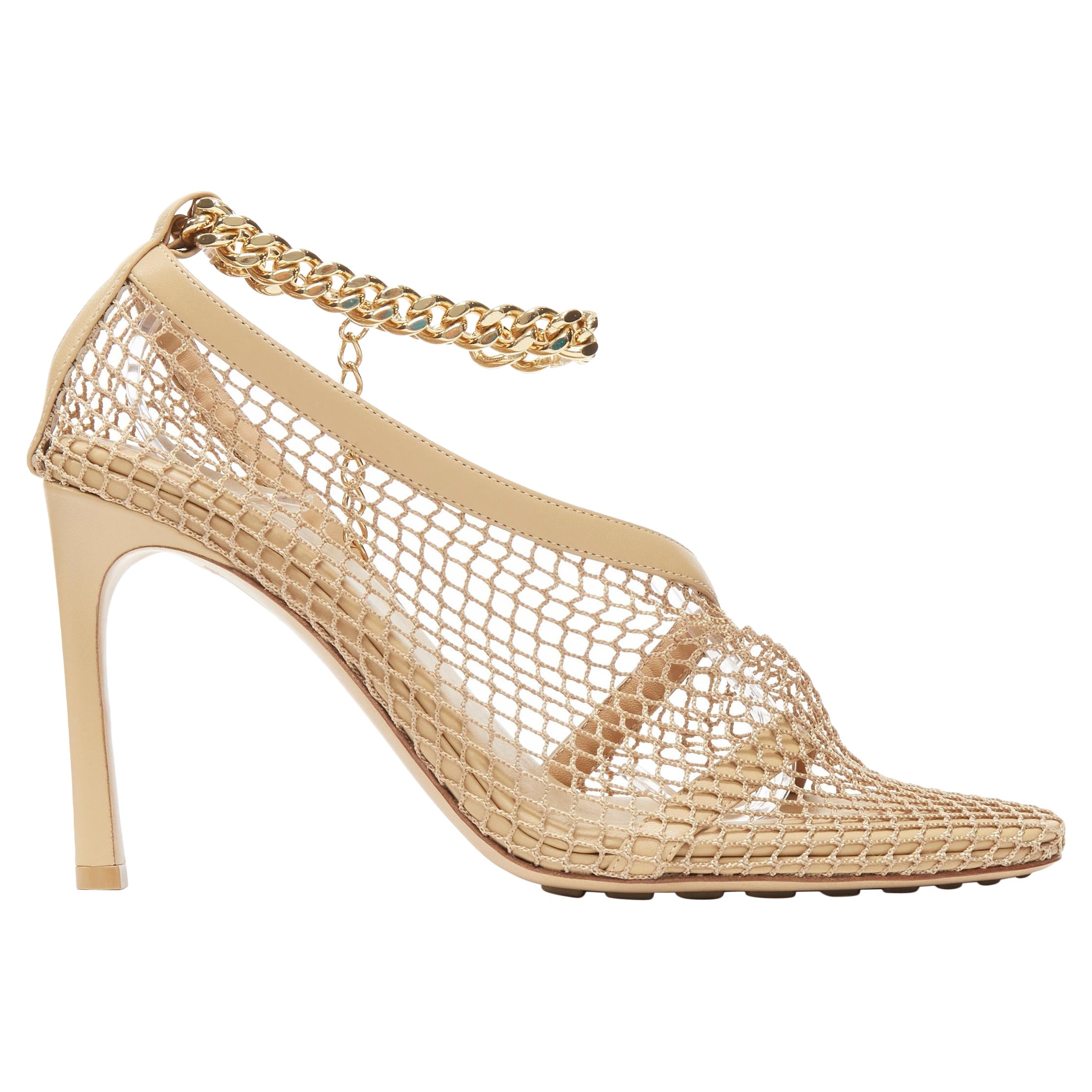 BOTTEGA VENETA Runway Daniel Lee beige fishnet gold ankle chain high heel EU39 For Sale