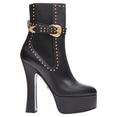 VERSACE gold studded western buckle black leather platform boots EU40.5