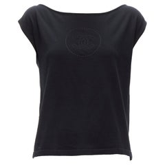 CHANEL 07P Vintage black CC logo topstitch cotton boat neck top FR36 S