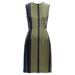 LANVIN 100% soie bleu kaki abstrait robe à pinces inversées FR36 S