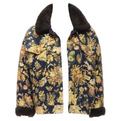MOSCHINO JEANS Vintage yellow floral printed cotton faux fur trim padded coat