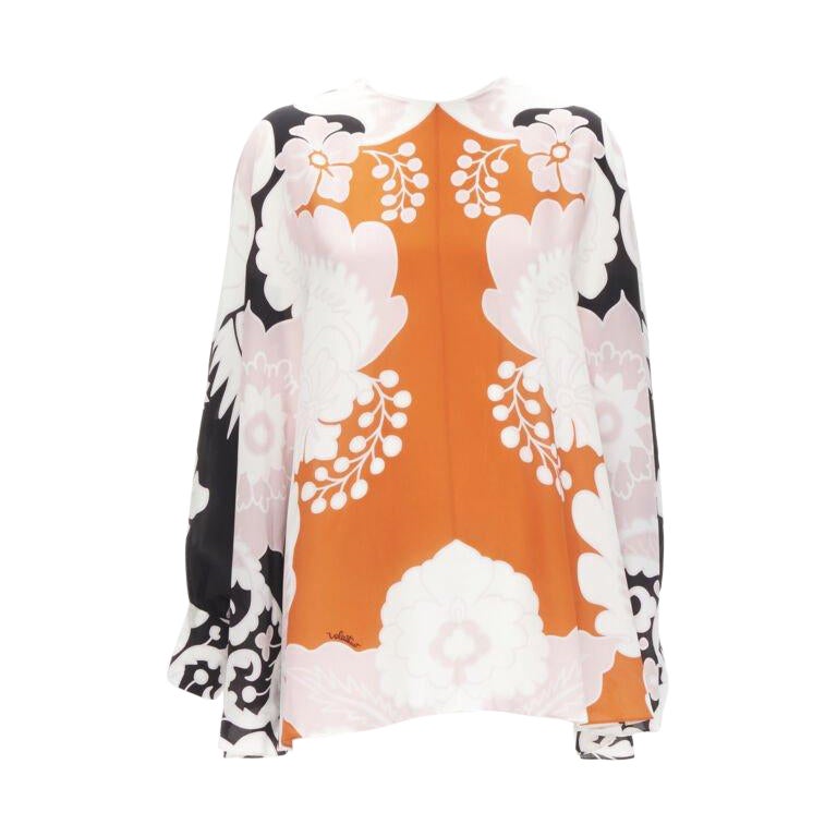 VALENTINO 100% seda naranja rosa negro estampado floral blusa camisa IT36 XS en venta