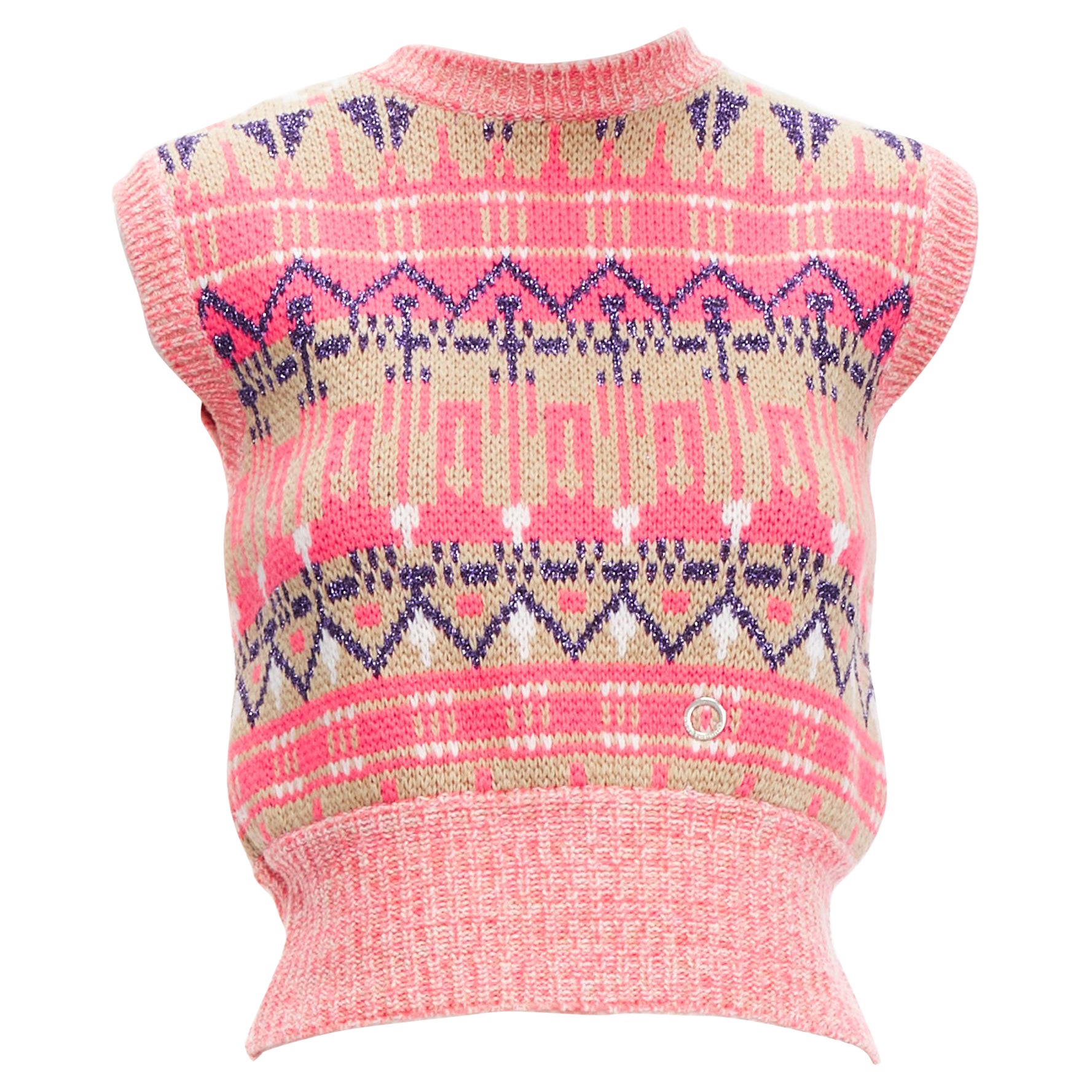 PACO RABANNE pink purple lurex virgin wool graphic knit vest XS For Sale