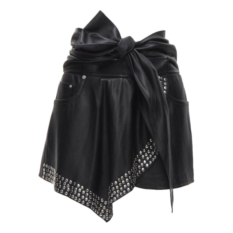 ALEXANDER WANG black faux leather silver studded draped wrap tie shorts US2 XS For Sale