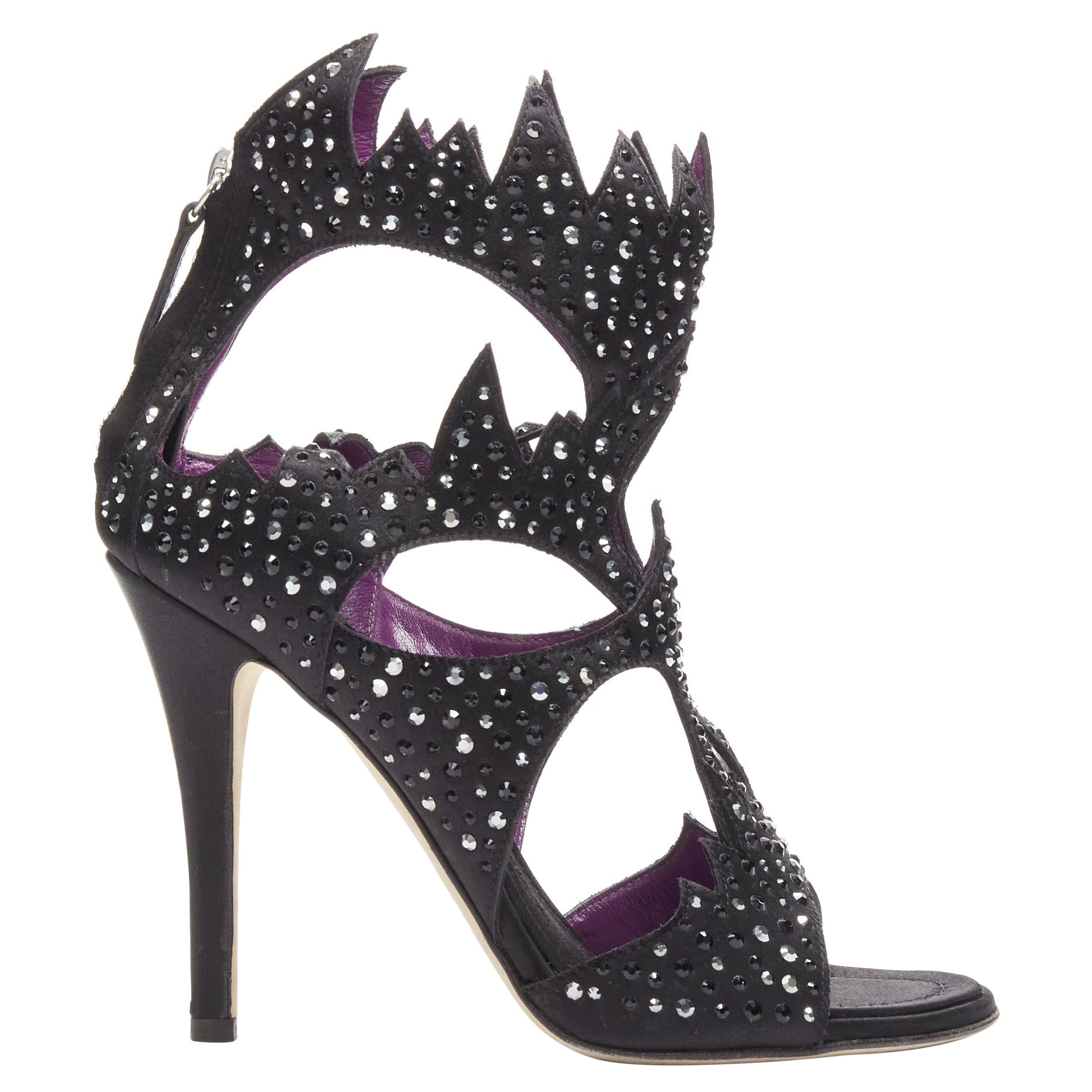 GIUSEPPE ZANOTTI black crystal satin leather lined cutout sandals heels EU37.5 For Sale