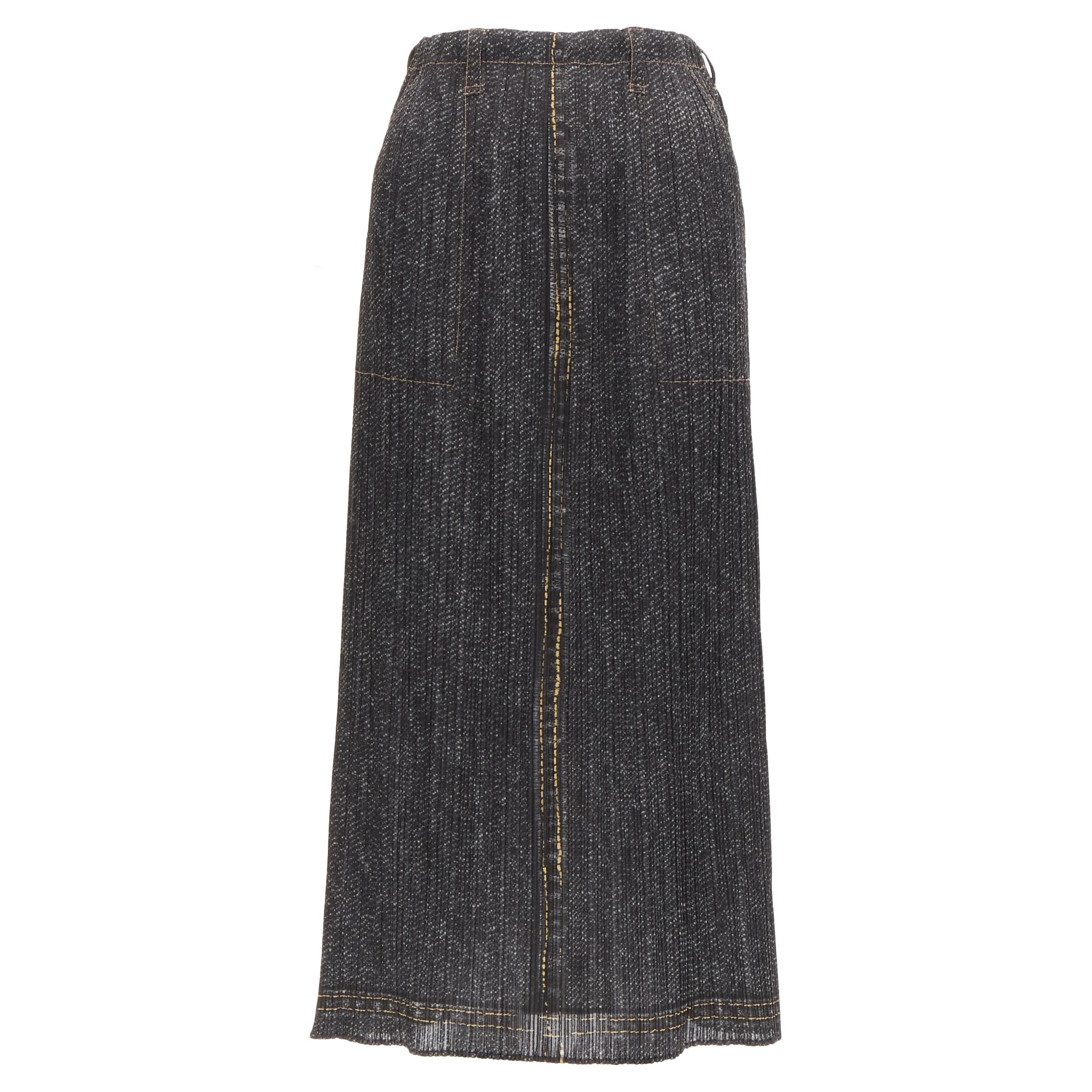 ISSEY MIYAKE PLEATS PLEASE yellow overstitched blue denim tromp loeil skirt JP2 For Sale