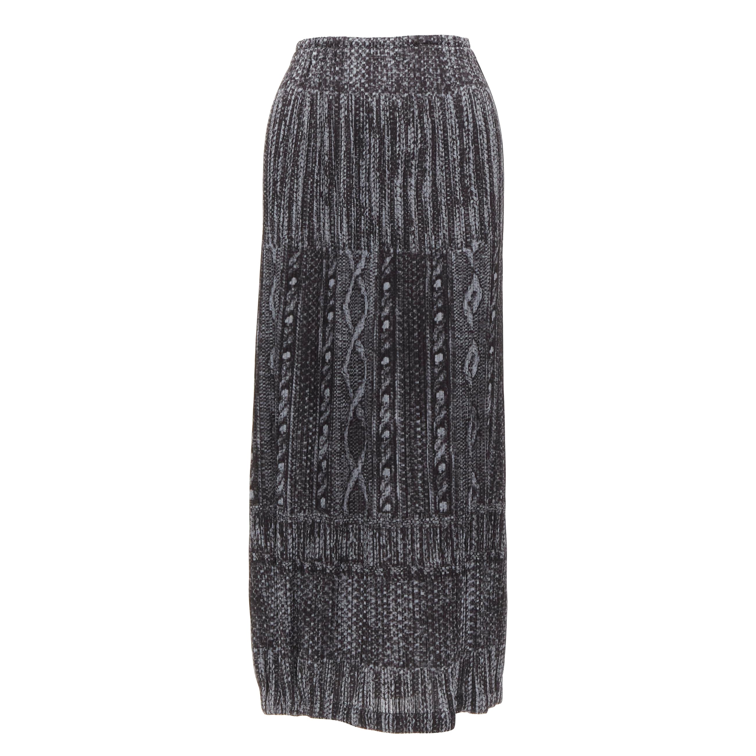 ISSEY MIYAKE PLEATS PLEASE grey black cable knit print pleated midi skirt JP2 M For Sale