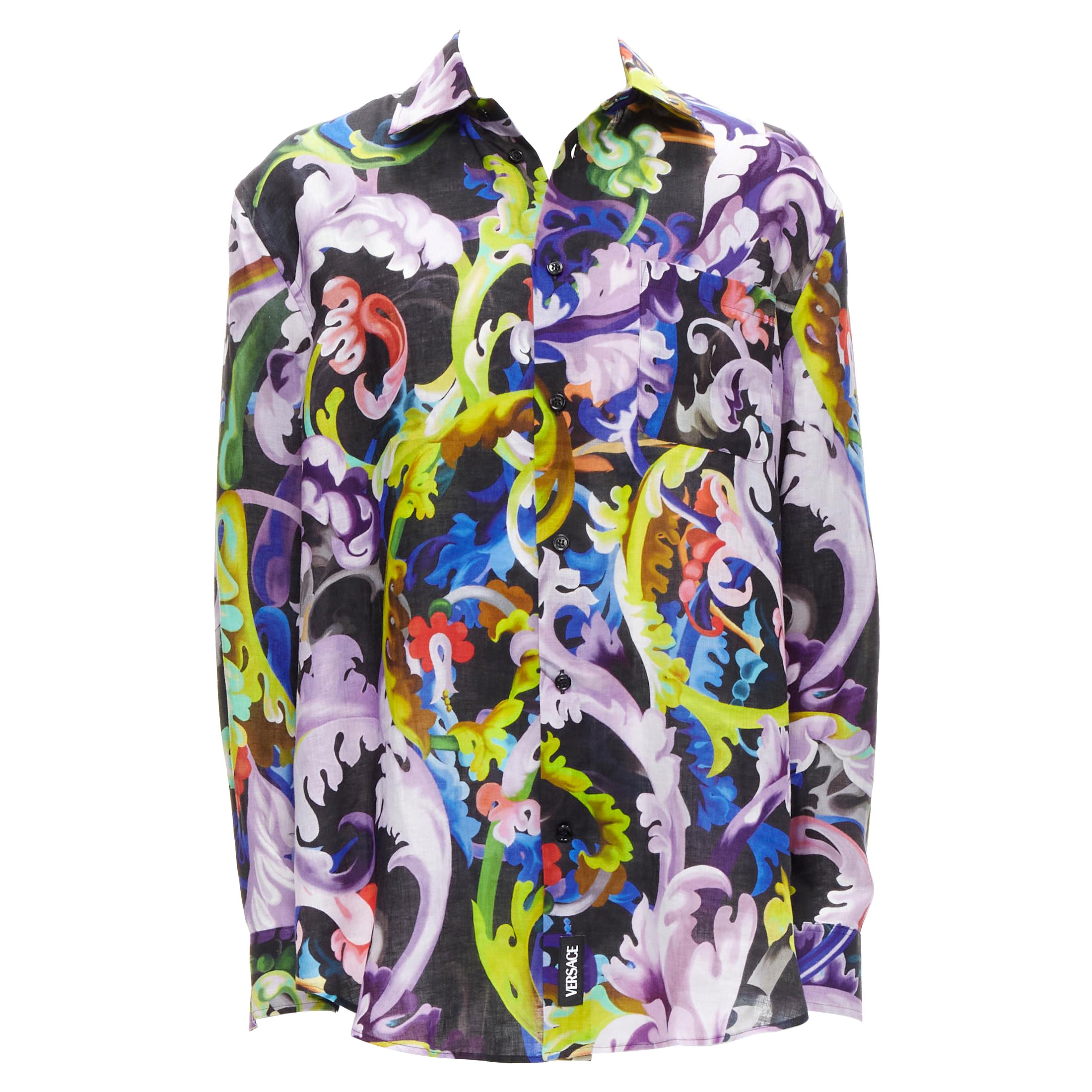 VERSACE 2021 Runway Baroccoflage colorful baroque floral linen shirt EU39 M For Sale