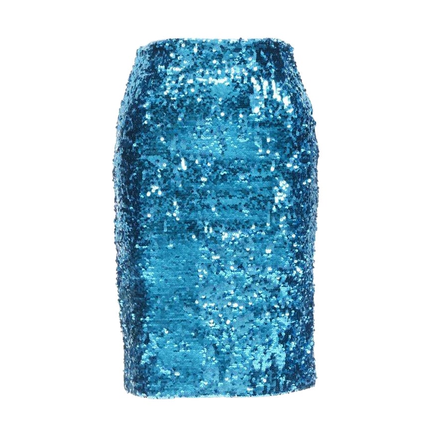 ALICE OLIVIA blue bling sequins side zip disco party pencil skirt US0 XS For Sale