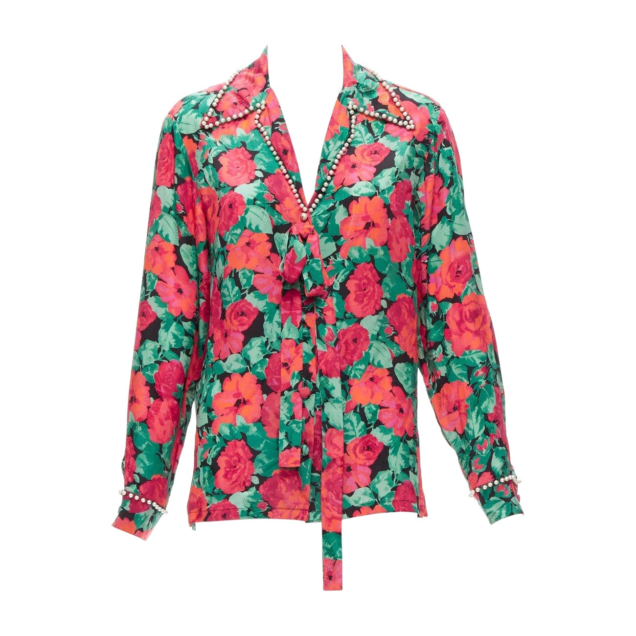 GUCCI ALESSANDRO MICHELE 2016 red green floral GG pearl bow silk shirt IT38 XS For Sale