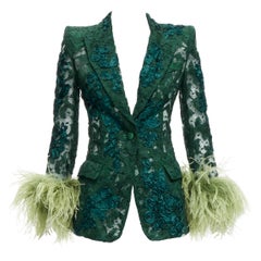 GUCCI Aria green feather cuff embellished lace sheer blazer jacket IT36 XXS