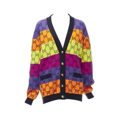 GUCCI Oversized Strickjacke aus Wolle und Baumwolle mit Farbblockmuster und gld-Knöpfen XS
