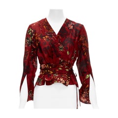 KENZO Vintage red floral silk wool kimono sleeves wrap tie top FR36 S