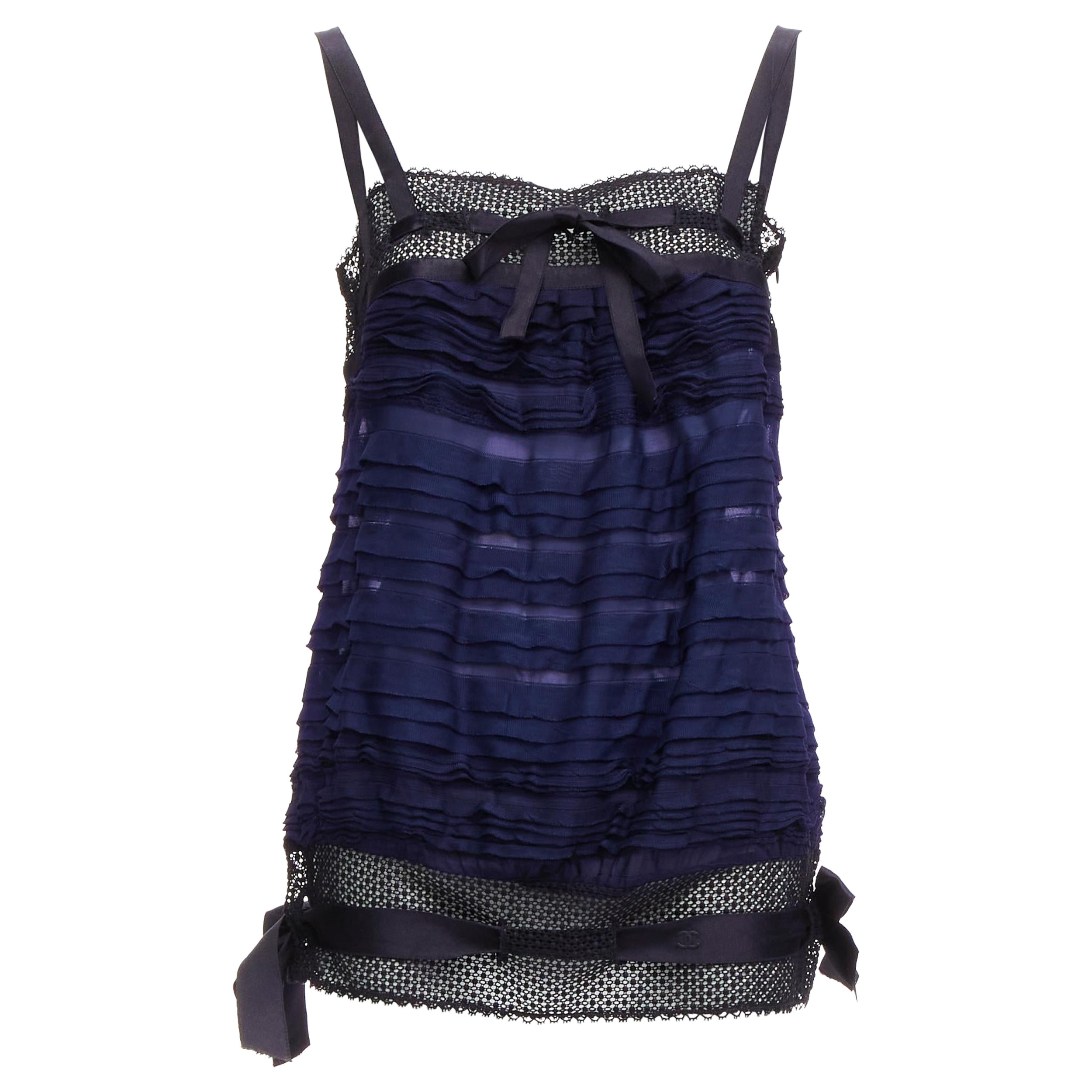 Chanel nero navy logo CC nastro pieghettato a strati gilet FR40 L.