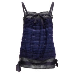 CHANEL black navy CC logo ribbon pleat tiered layered vest top FR40 L