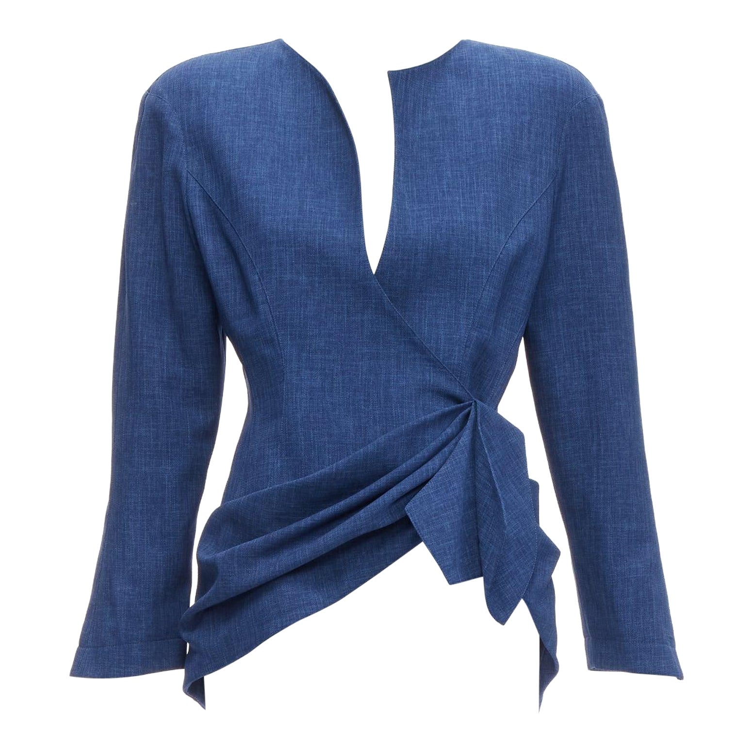 THIERRY MUGLER Vintage Blauer drapierter Blazer mit geschwungenem Kragen und Kraft 9AR S im Angebot