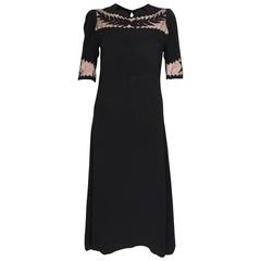 1940s Black Crepe Leaf Detail Applique Dress For Sale at 1stDibs