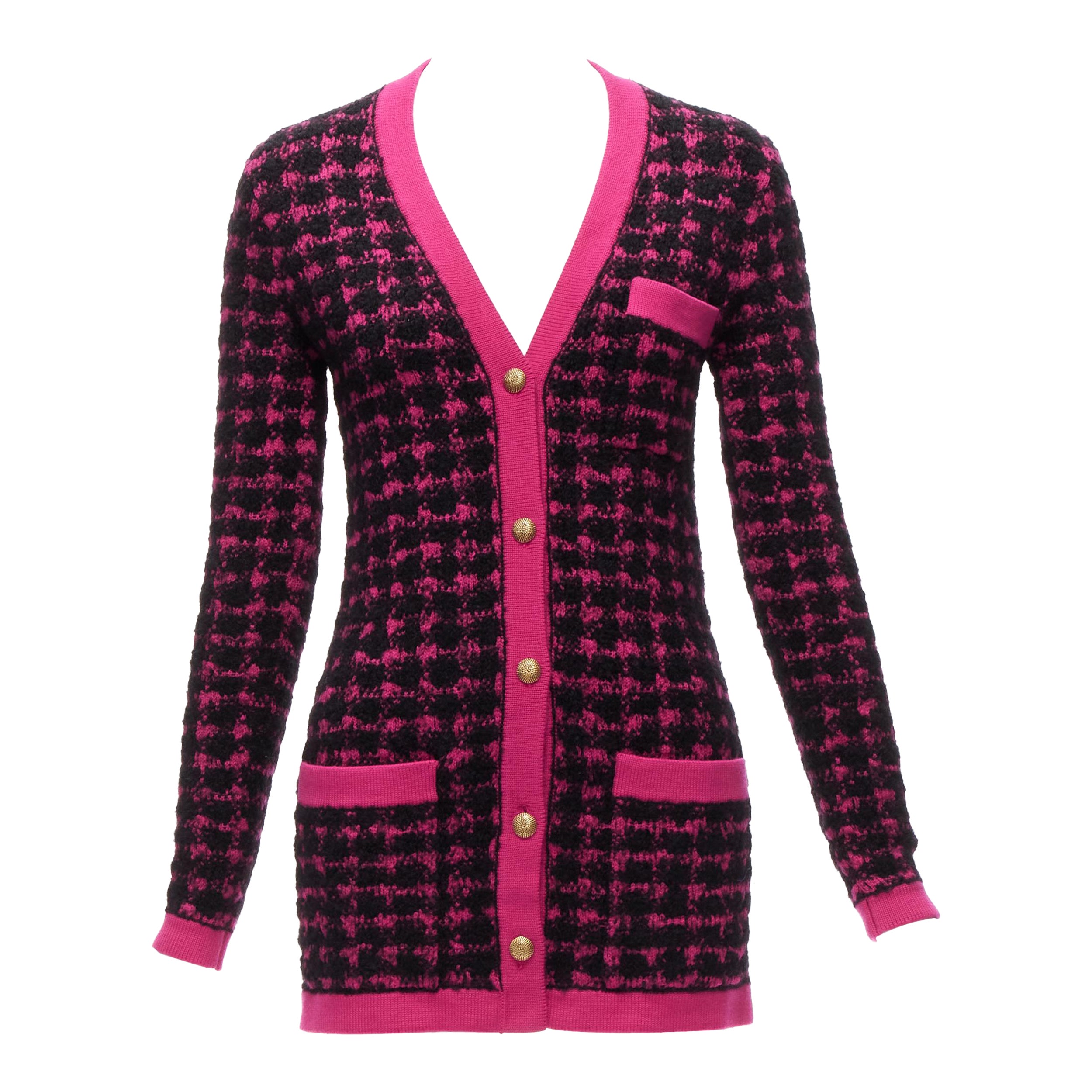 SAINT LAURENT 2021 Schwarz-rosa Hahnentrittmuster  Woll-Alpaka-Preppy-Cardigan-Jacke XS
