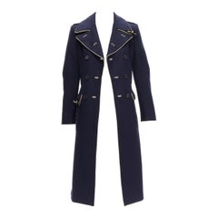 PRADA 2004 Runway Manteau d'officier long en laine bleu marine à œillets en cuir IT36 XXS