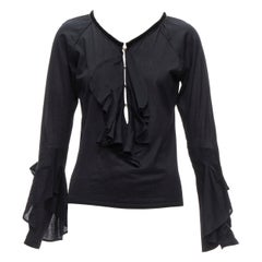GUCCI Tom Ford Vintage black ruffle front velvet trim GG logo bell sleeves top S