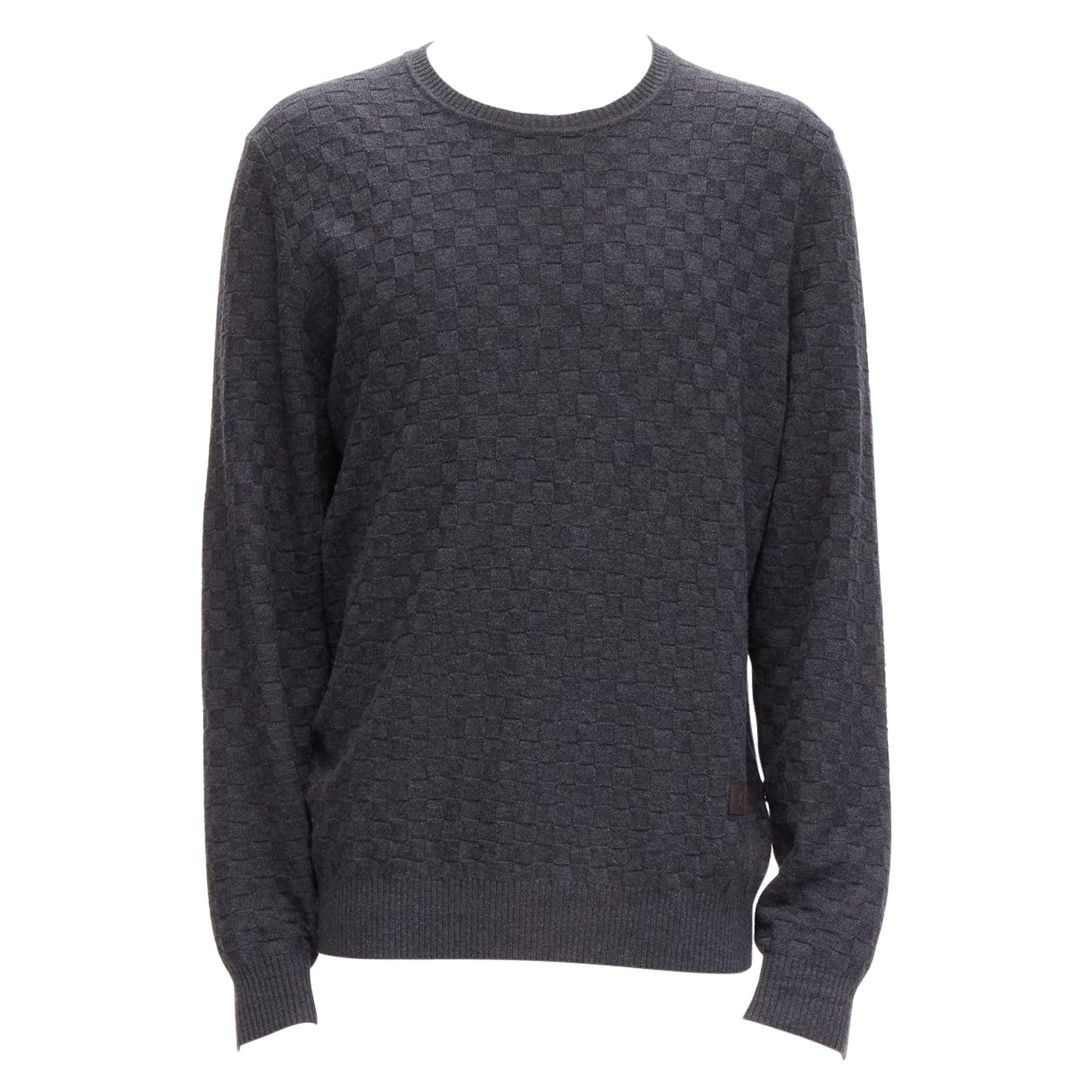 LOUIS VUITTON Damier gris laine coton carreaux LV cuir patch pull L en vente