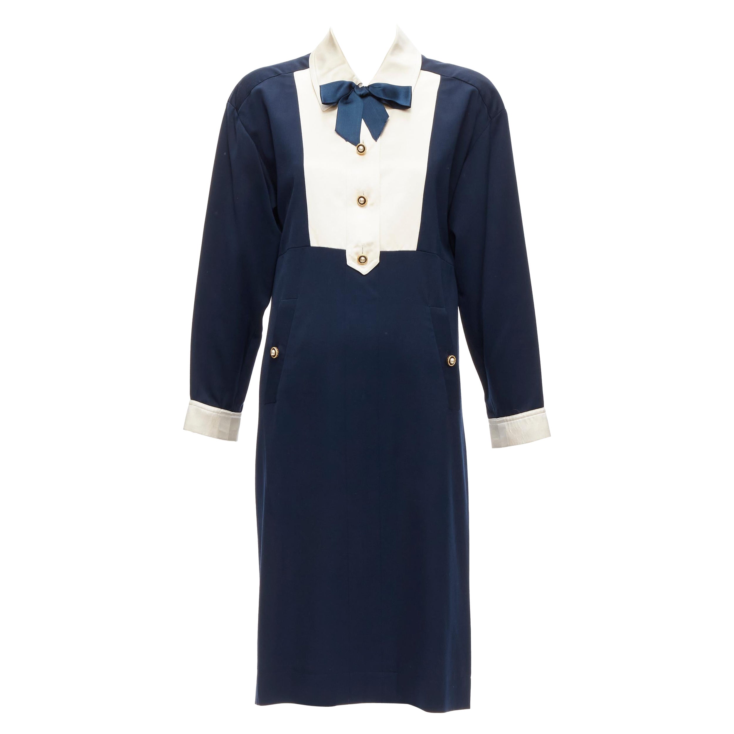 CHANEL Vintage botón perla oro crema marino dos tonos lana seda vestido FR36 S en venta