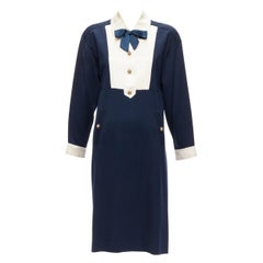 CHANEL Vintage gold pearl button cream navy two tone wool silk dress FR36 S