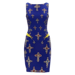 VERSACE 2012 royal blue Byzantine Cross print yellow leather waist shift dress