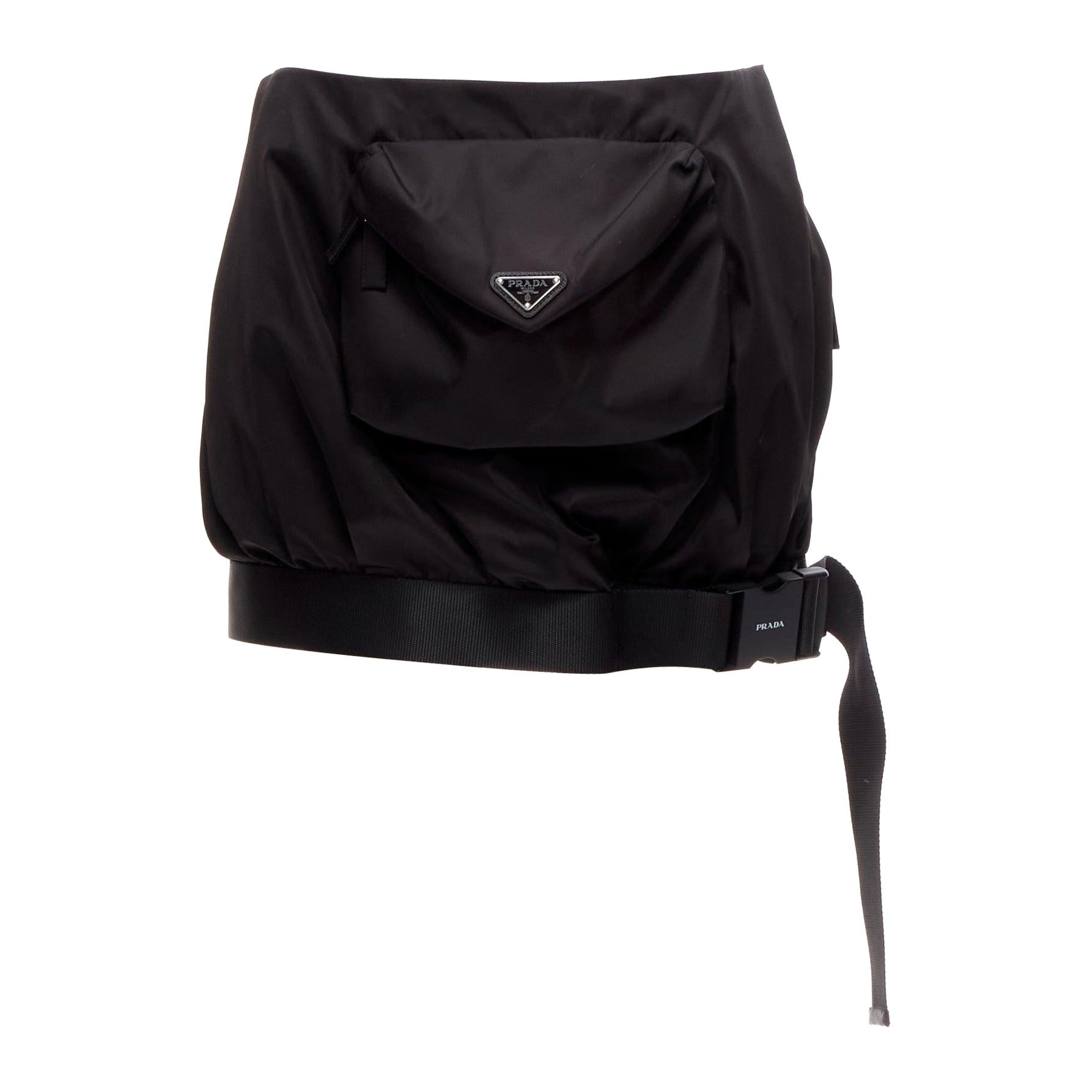 PRADA 2020 Re Nylon black triangle logo front pocket buckle bubble skirt IT38 XS For Sale