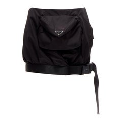 PRADA 2020 Re Nylon black triangle logo front pocket buckle bubble skirt IT38 XS