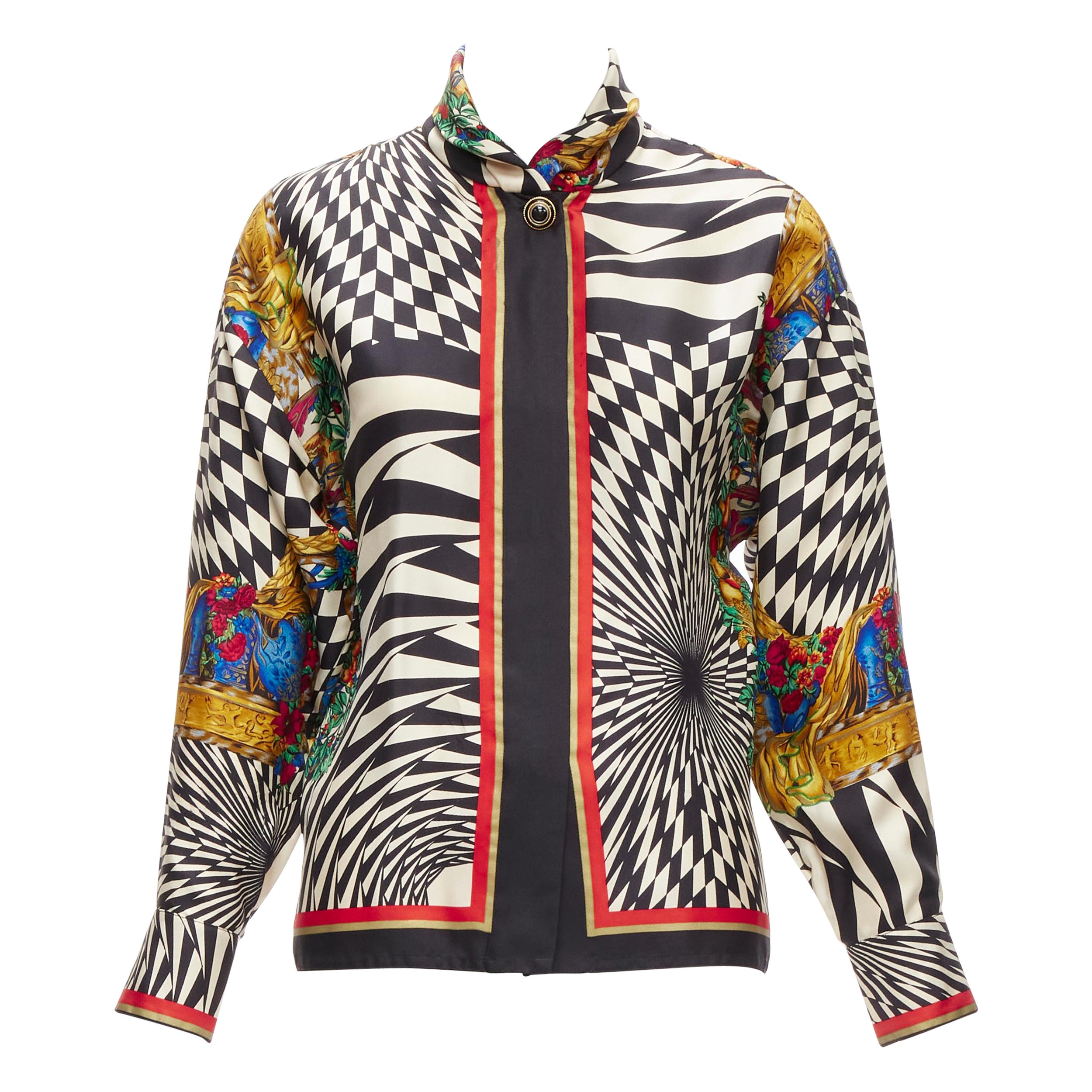 GIANNI VERSACE Vintage baroque royal optical graphic print collar shirt IT38 XS For Sale