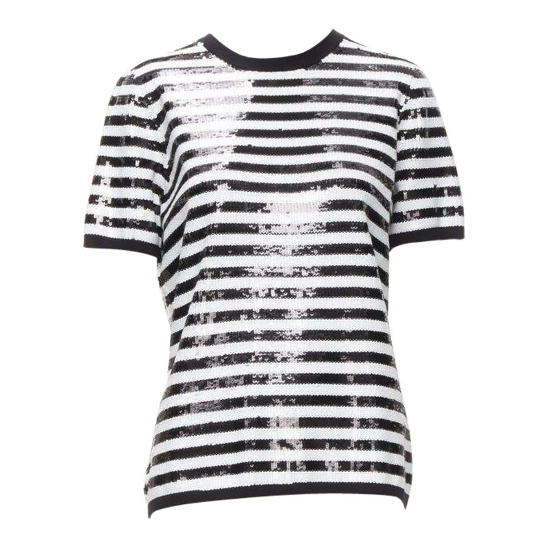 MICHAEL KORS COLLECTION 100% merino wool black white sequins striped boxy top XS For Sale