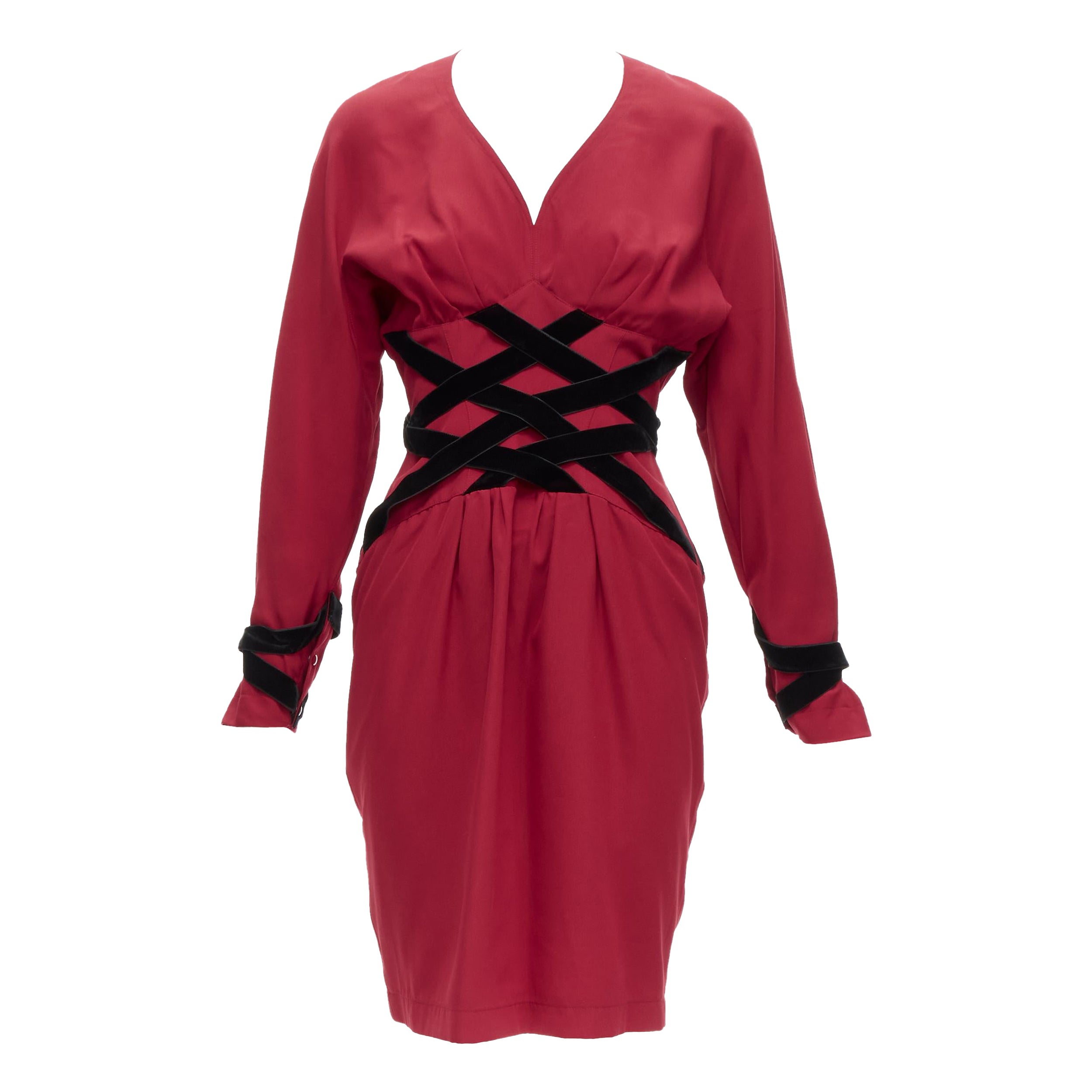 THIERRY MUGLER Vintage black velvet crisscross corset red cocktail dress IT7AR S For Sale