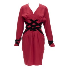 THIERRY MUGLER Vintage black velvet crisscross corset red cocktail dress IT7AR S