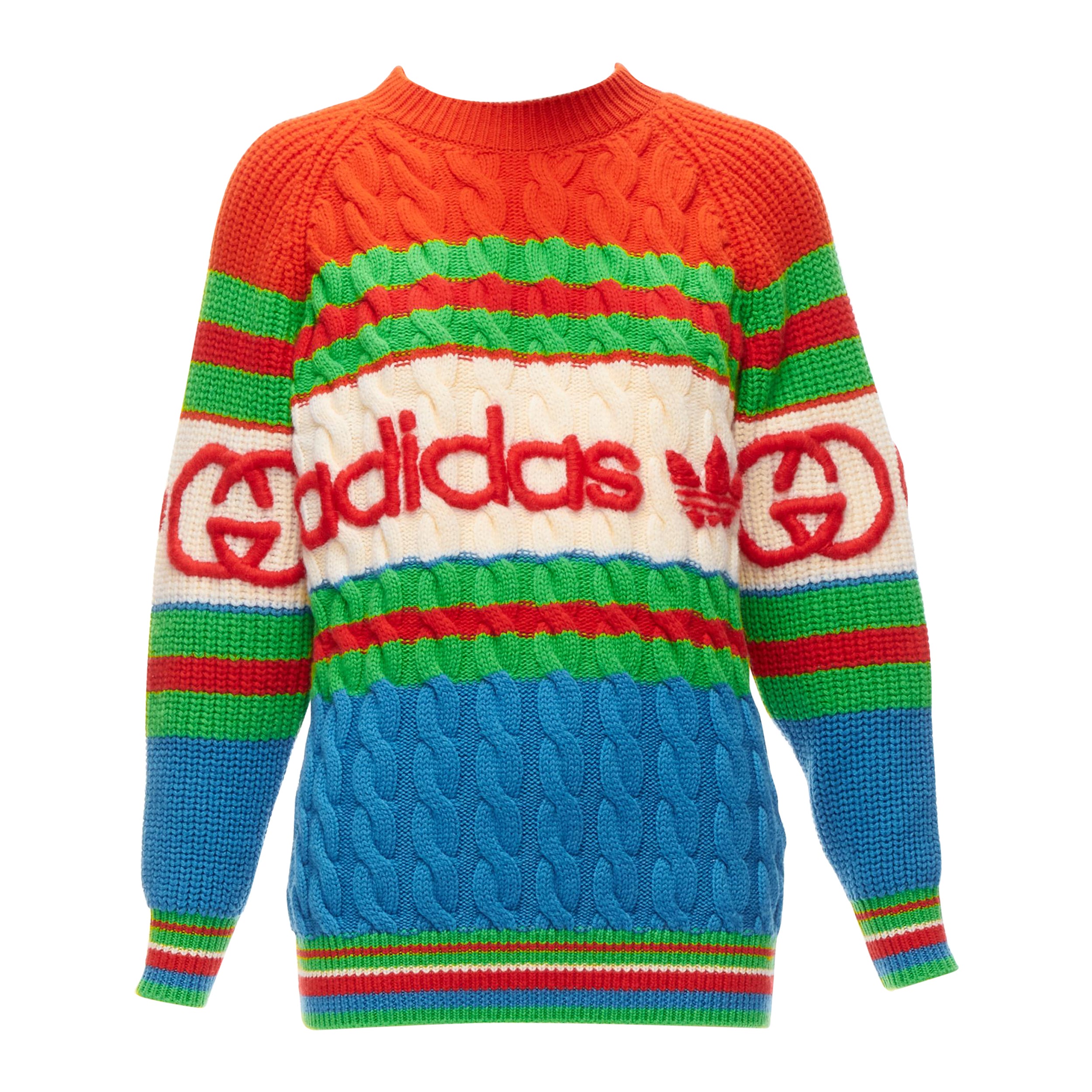 GUCCI ADIDAS 2022 100% wool red green 3D logo embroidery cable sweater XXS For Sale