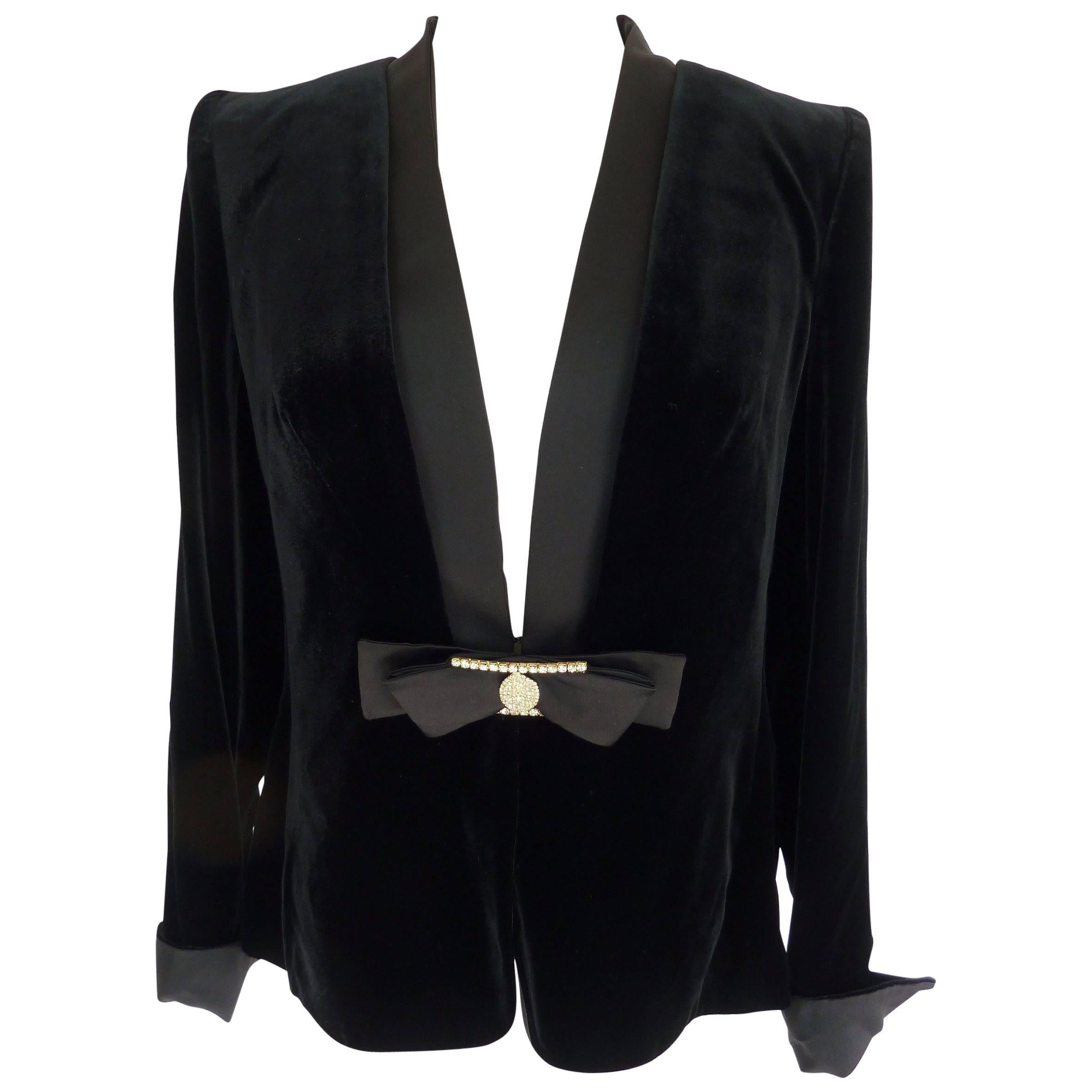 Luisa Spagnoli 1990s silk jacket women's black size 44 brooch swarovski gems For Sale