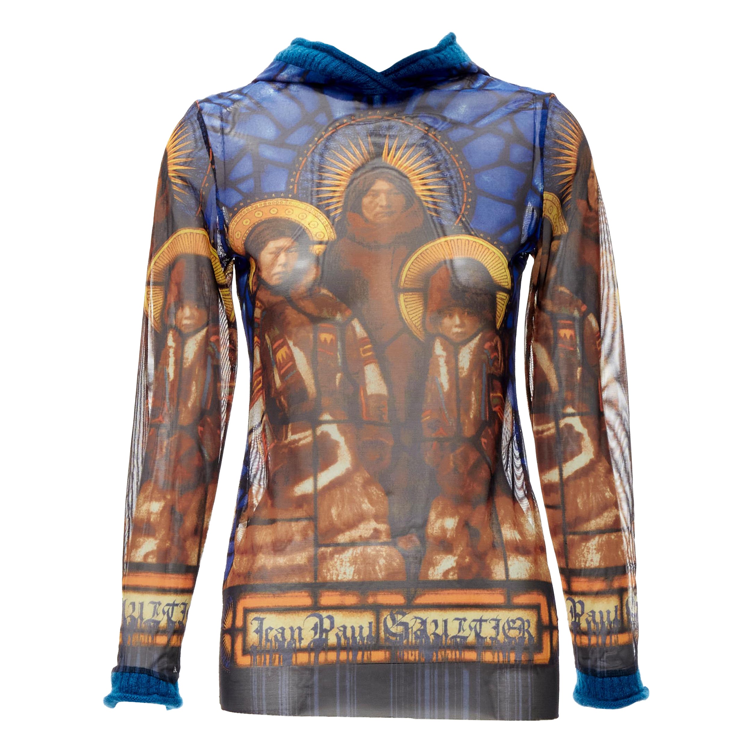 JEAN PAUL GAULTIER top con capucha de lana azul estampado catedral logotipo gótico IT40 S en venta