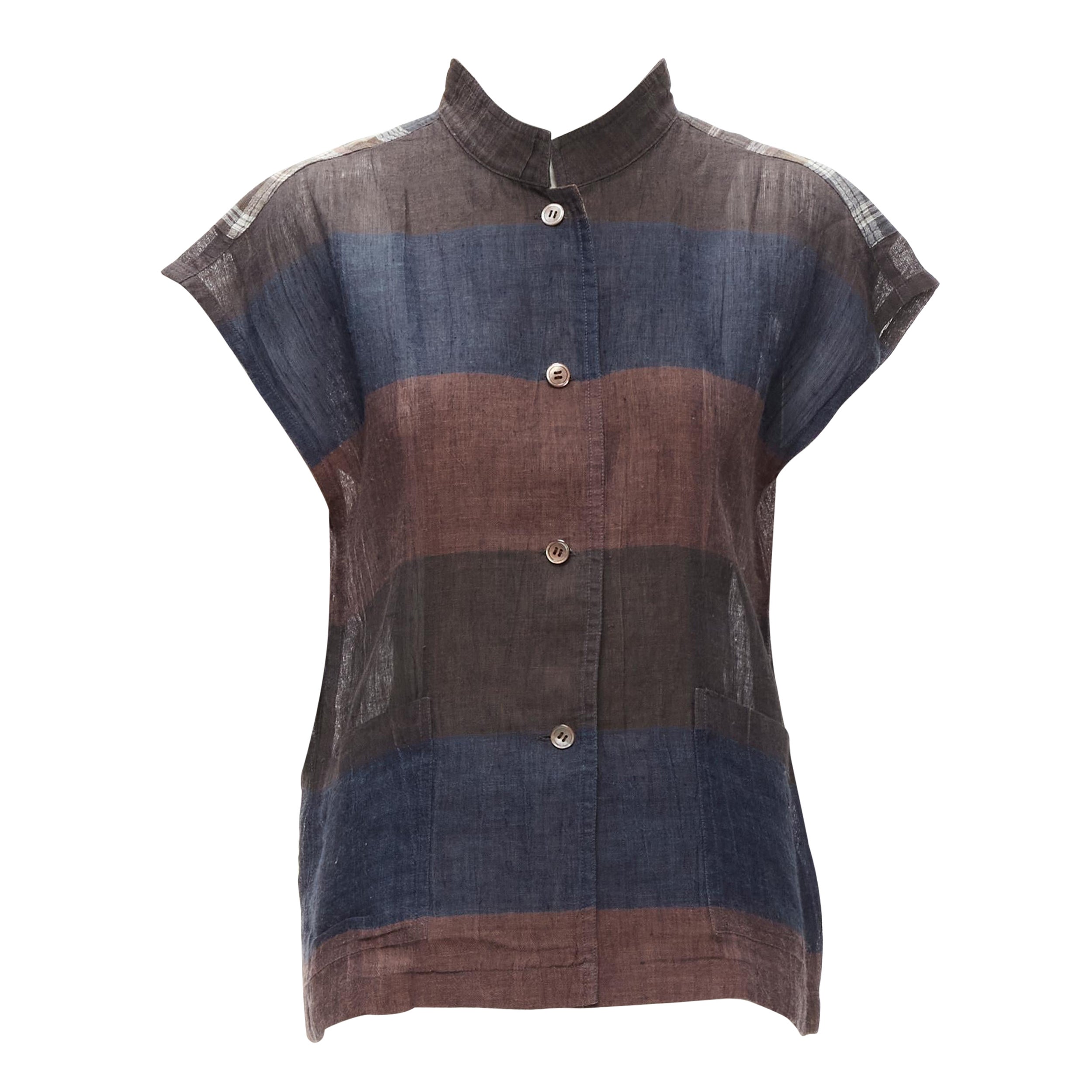 ISSEY MIYAKE 1980's Vintage brown navy checked patchwork linen shirt JP9 S For Sale