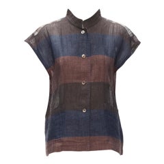 Issey Miyake, camicia vintage anni '80 in lino patchwork a quadri marroni JP9 S