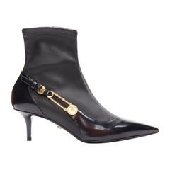 VERSACE gold Medusa Punk Safety Pin black leather kitten heel bootie EU38