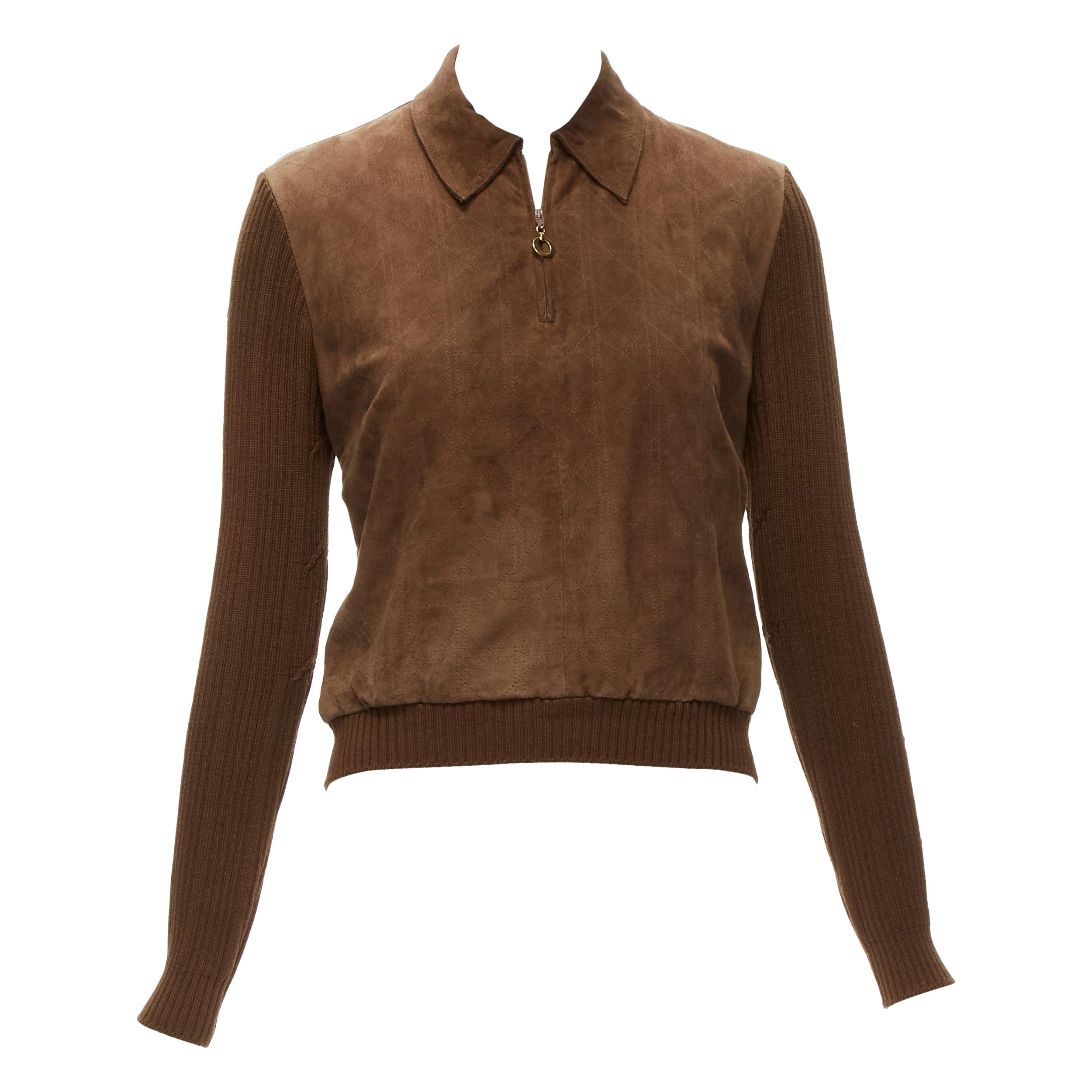 CHRISTIAN DIOR Vintage Cannage stitch brown suede ribbed half zip sweater For Sale