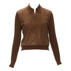 CHRISTIAN DIOR Vintage Cannage stitch brown suede ribbed half zip sweater