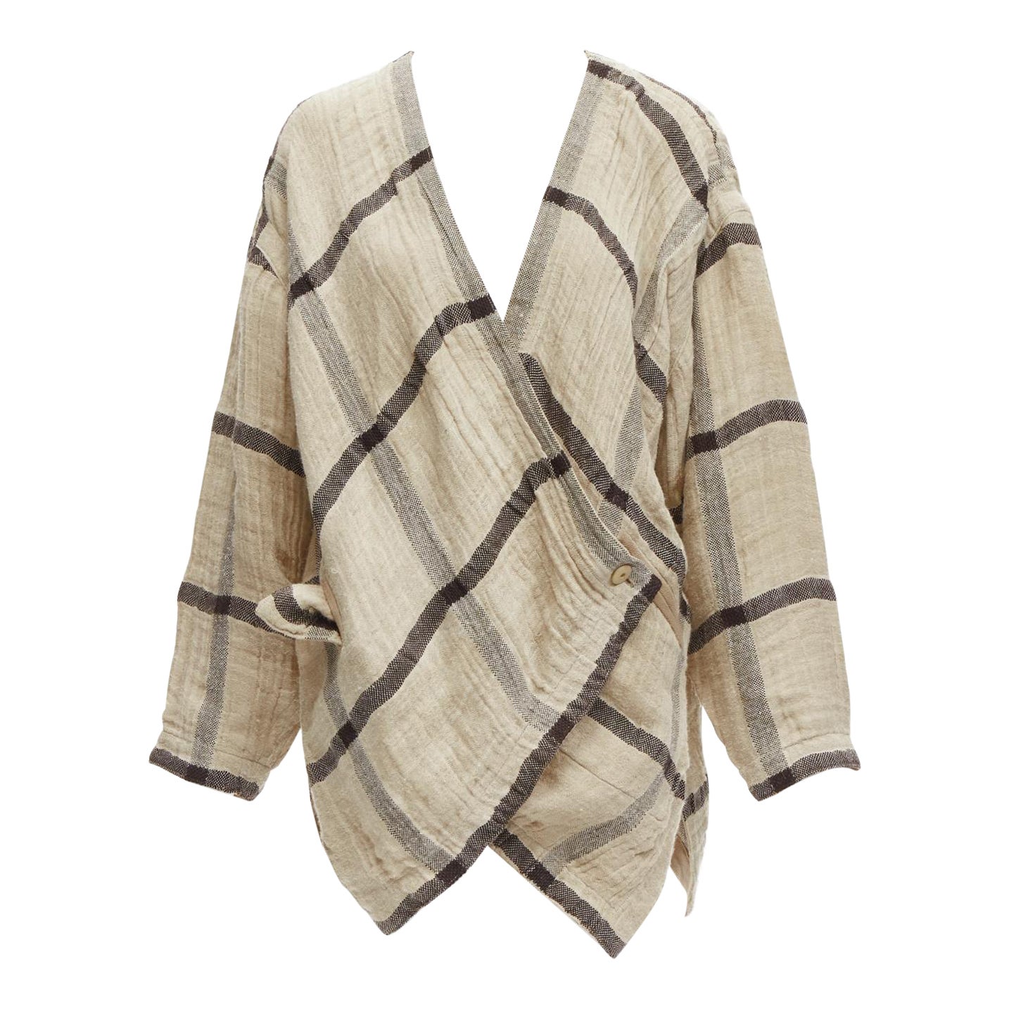 Issey Miyake 1980 Vintage beige noir wrap front oversized crinkle coat JP9