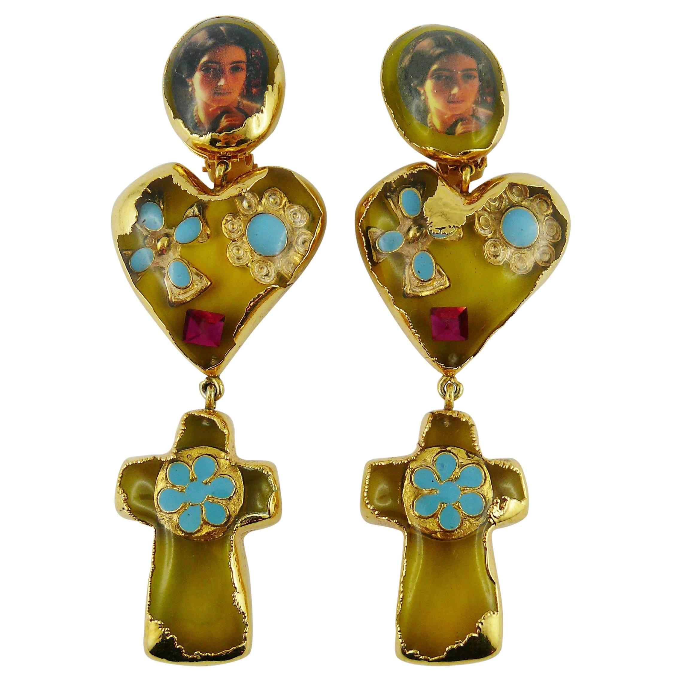 Christian Lacroix Vintage Massive Baroque Resin Inlaid Dangling Earrings