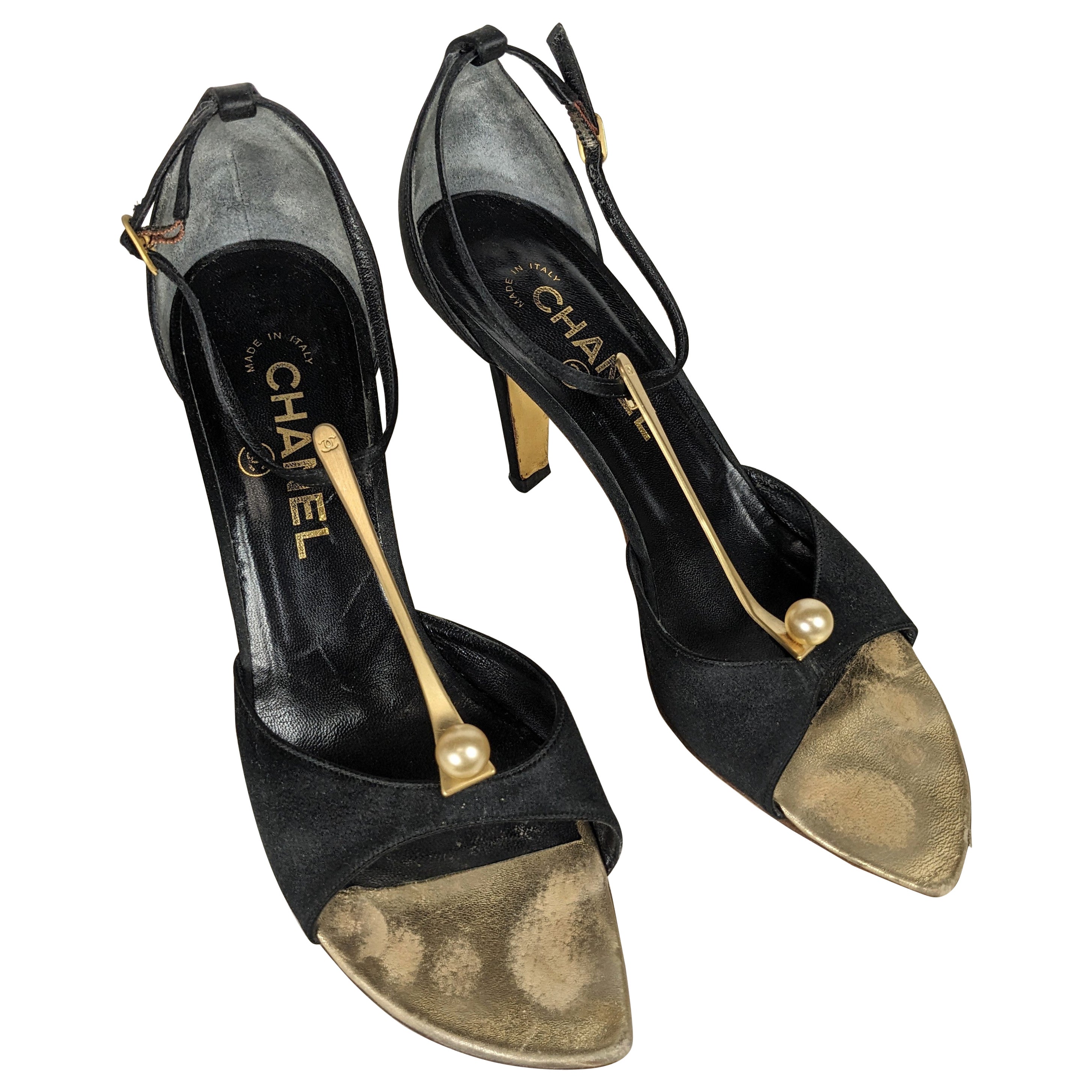 Chanel Satin and Pearl T Straps, 37.5 For Sale