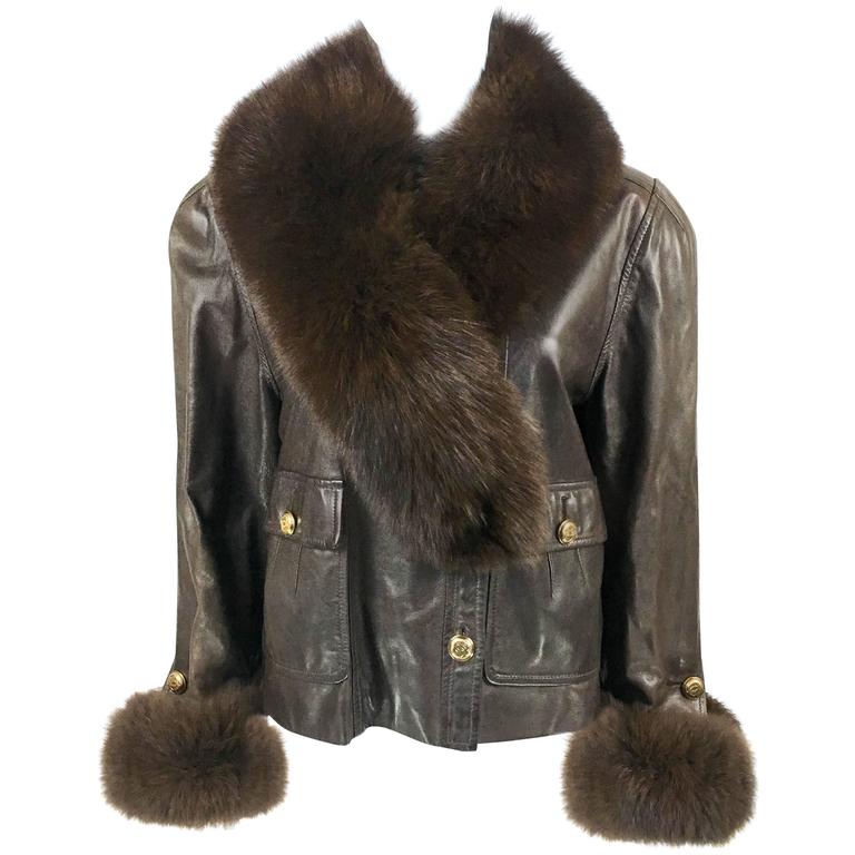 1980s Chanel Brown Leather Jacket With Fox Fur Cuffs and Removable ...