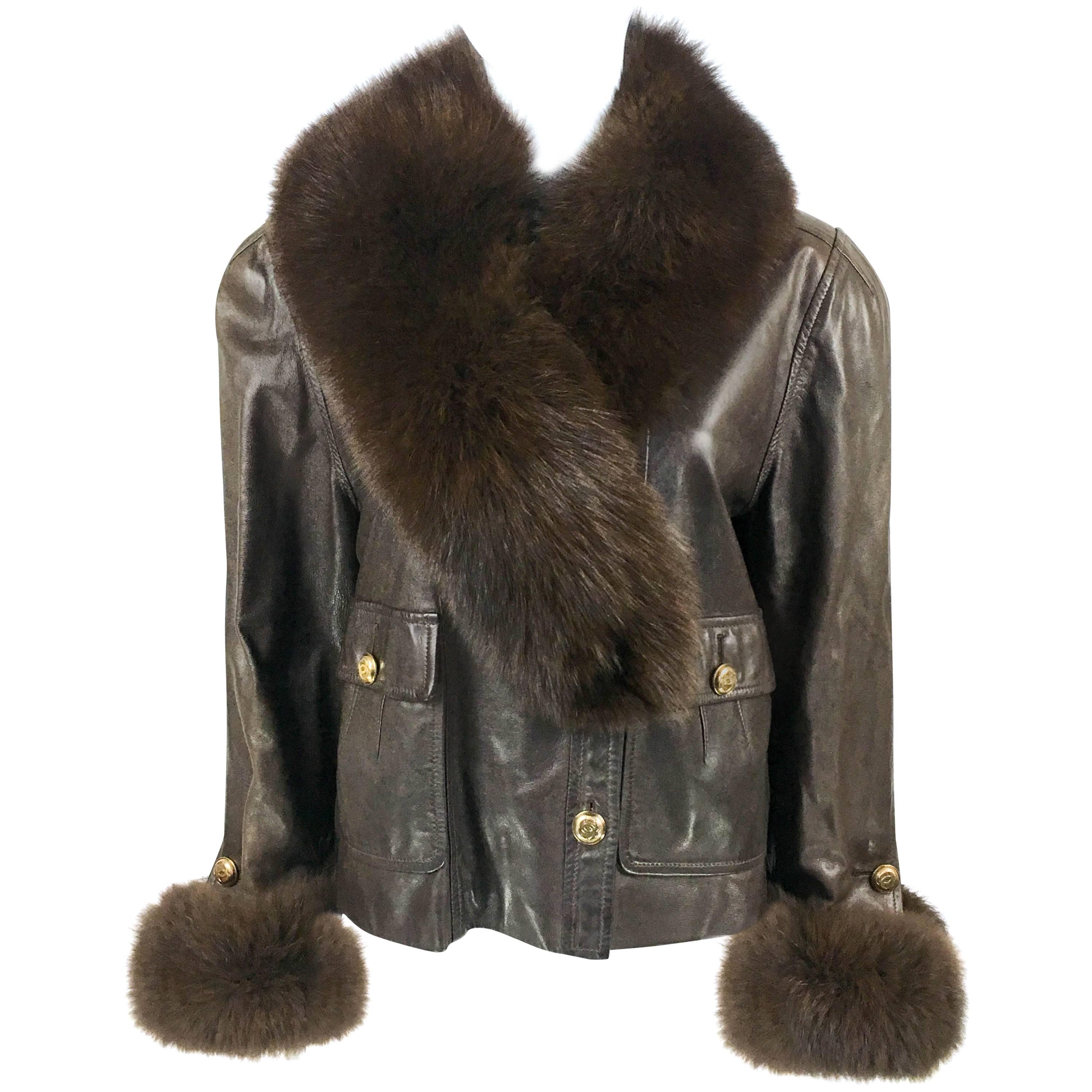 1980s Chanel Brown Leather Jacket With Fox Fur Cuffs and Removable Collar For Sale